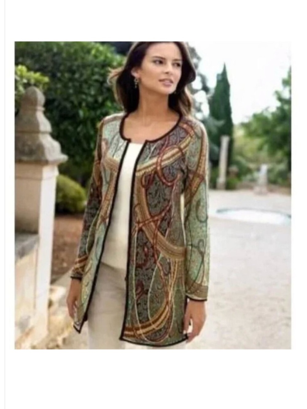 Peruvian Connection Jewel Tone Paisley Knit Zip Front Tunic Sweater Cardigan XL